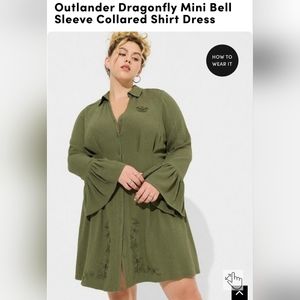 Outlander Dragonfly Mini Bell Sleeve Collared Shirt Dress Size 2 Torrid Plus